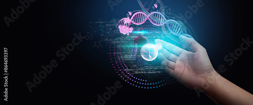 DNA helix concept of new ideas with Digital Virtual analysis chromosome DNA test of human in situations disease COVID-19 virus on hands in 3D illustration. Of free space for texts and creativity.