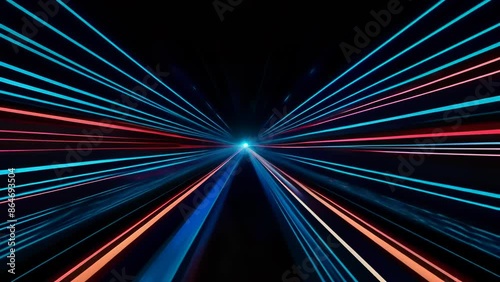 Vibrant light streams converge in a central point, creating a mesmerizing tunnel effect. Blue and red streaks dominate, suggesting high-speed motion through space or data transfer. 