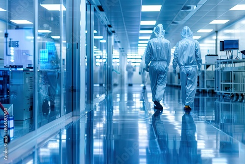 Scientists in protective suits walking in a sterile laboratory facility. Concepts. research, science, technology, laboratory, cleanroom