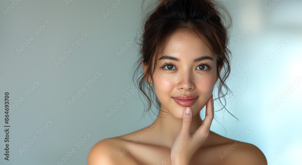 Portrait of a beautiful young Asian woman delicately touching her face with one hand, on a gray background. Portrait of a beautiful young Asian woman delicately touching her face with one hand, on a gray background.