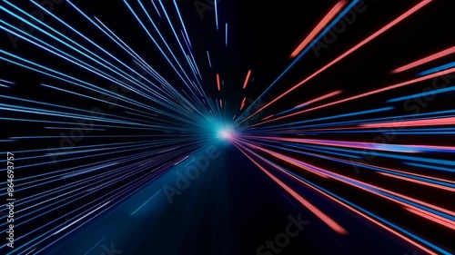 Vibrant light streams converge in a central point, creating a mesmerizing tunnel effect. Blue and red streaks dominate, suggesting high-speed motion through space or data transfer. 