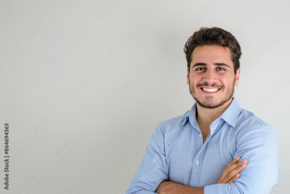 Smiling Man in Blue Shirt with Copy Space. Generative AI. Smiling Man in Blue Shirt with Copy Space. Generative AI.