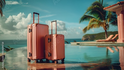 Rose Gold Suitcases by the Pool on a Tropical Vacation