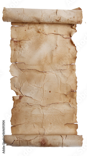 An aged, tattered parchment with rolled edges on both sides with transparent backgkround photo