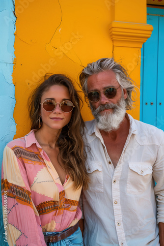 Vibrant and colorful portrait of a stylish age gap couple, young woman in her 30s and mature man in his 50s