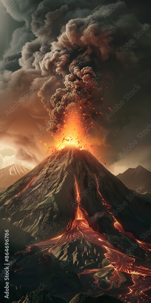 Fototapeta premium Vulcão em erupção com fumaça e lava incandescente girando