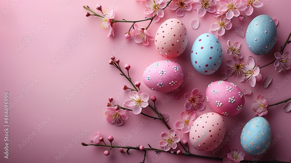 happy easter concept flat lay easter eggs on pastel pink background with flowers top view with copy space.stock photo happy easter concept flat lay easter eggs on pastel pink background with flowers top view with copy space.stock photo