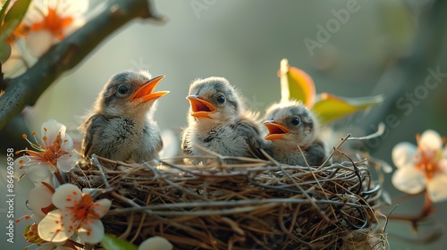 bird brood in nest on blooming tree baby birds nesting with wide open orange beaks waiting for feeding.image photo