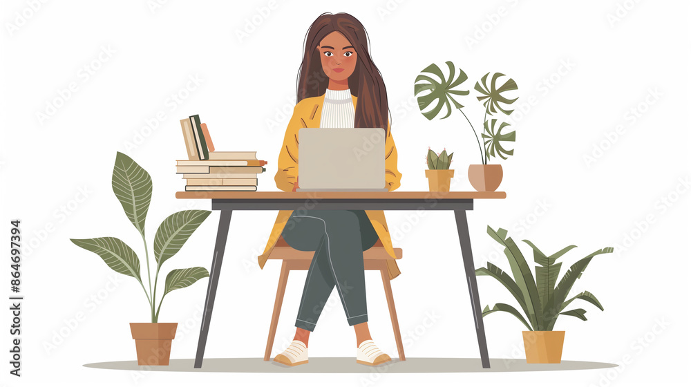 Flat Art of a Woman Working from Home Office on Laptop - White Background
Flat Art of a Woman Working from Home Office on Laptop - White Background