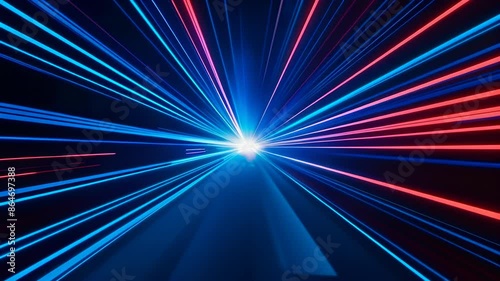 Vibrant light streams converge in a central point, creating a mesmerizing tunnel effect. Blue and red streaks dominate, suggesting high-speed motion through space or data transfer. 