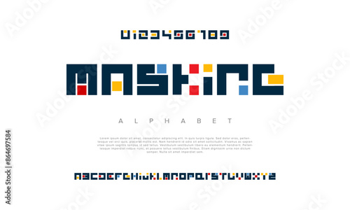 Masking creative geometric modern urban alphabet font. Digital abstract futuristic, fashion, sport, minimal technology typography. Simple numeric vector illustration