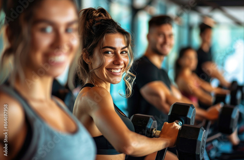 Smiling people working out in the gym with dumbbells, stock photo, happy and positive atmosphere