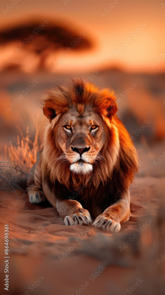 Obraz premium Wildlife photo of a lion in the savannah, majestic and powerful, capturing the essence of the wild and showcasing the beauty and strength of Africa's top predator in its natural habitat