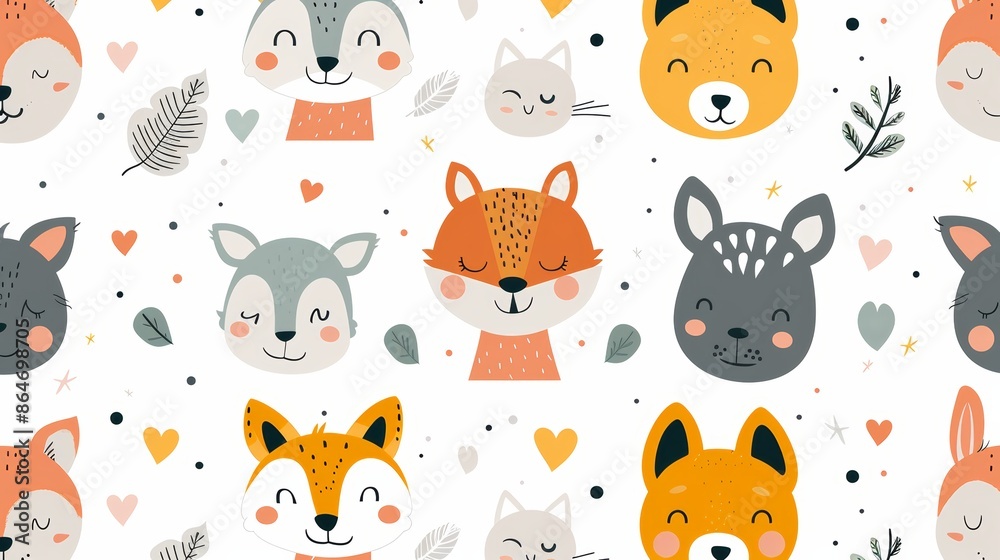 Cute animal faces seamless pattern with hearts and leaves. Perfect for kids' clothing, textiles, wallpaper, and more. Cute animal faces seamless pattern with hearts and leaves. Perfect for kids' clothing, textiles, wallpaper, and more.