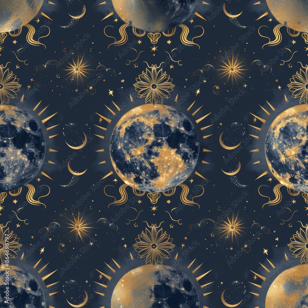 A seamless pattern of gold moons, stars, and celestial designs on a dark blue background.