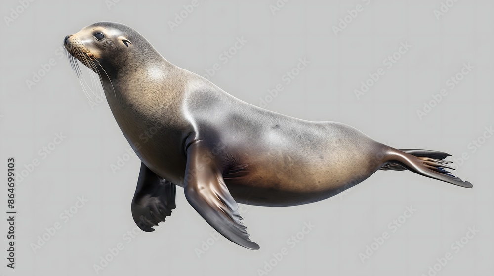 Naklejka premium 2. Produce a high-definition illustration of a sea lion, featuring its full body against a transparent backdrop, emphasizing its muscular build, ear flaps, and agile posture in precise detail.