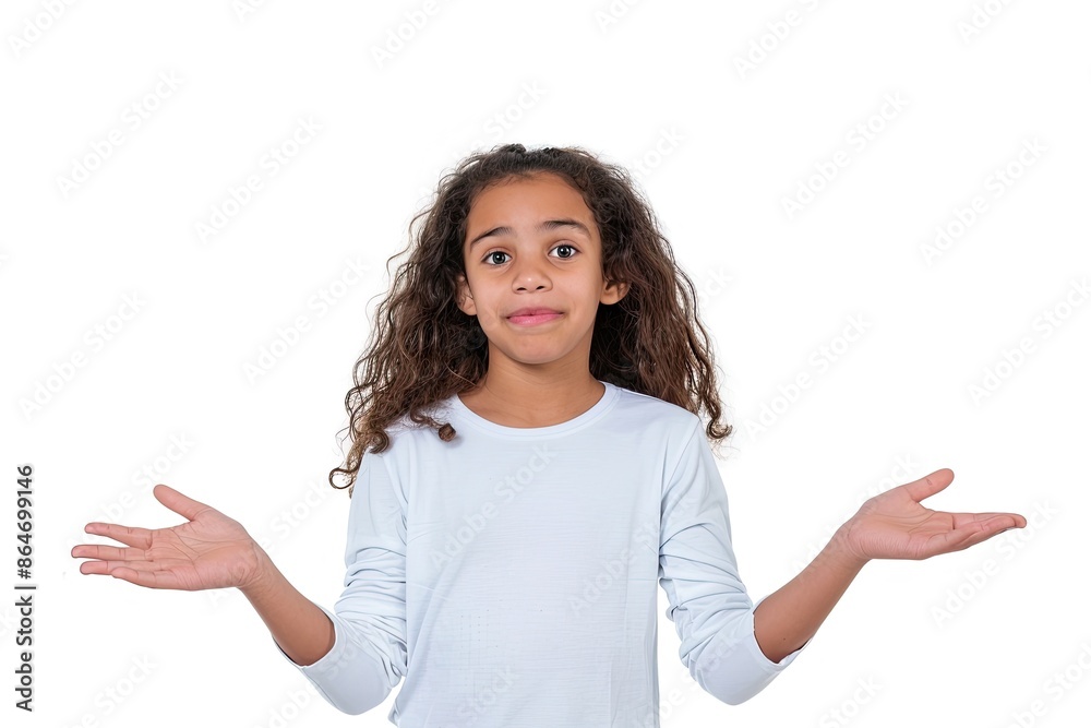 Confused young girl with shrugging gesture, isolated on white. Concept of uncertainty, doubt, misunderstanding.