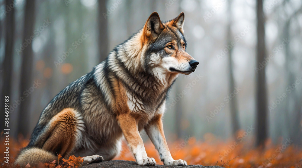 potrait of brown wolf sitting in the forest potrait of brown wolf sitting in the forest