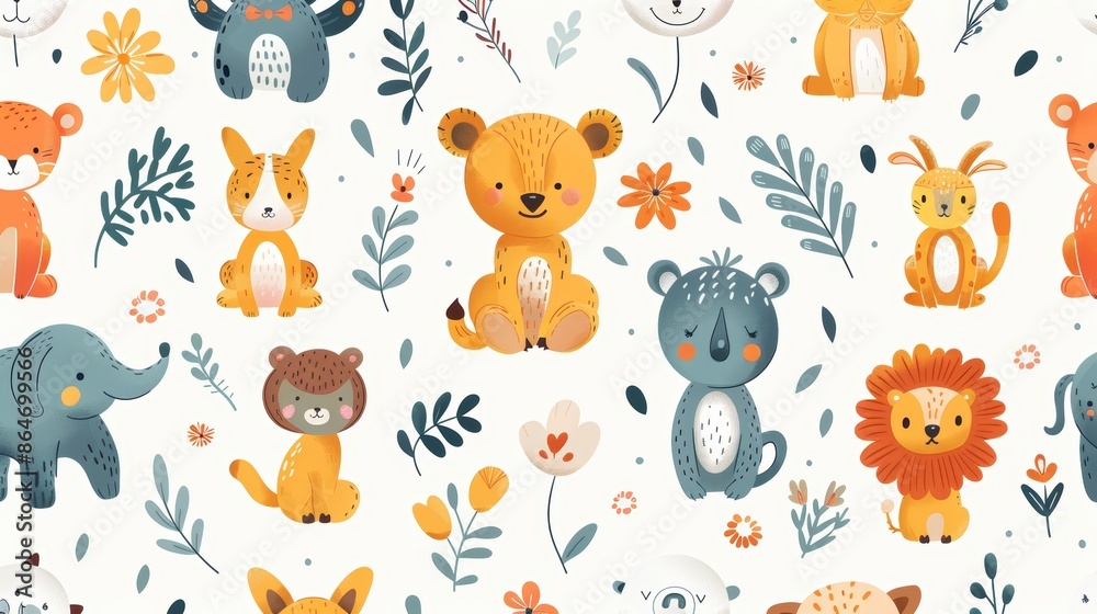Cute seamless pattern with jungle animals, flowers, and leaves on a white background. Cute seamless pattern with jungle animals, flowers, and leaves on a white background.