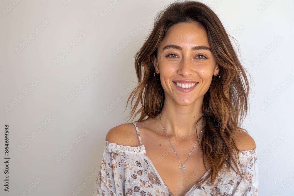 Smiling Woman with Curly Hair in Casual Outfit. Generative AI. Smiling Woman with Curly Hair in Casual Outfit. Generative AI.