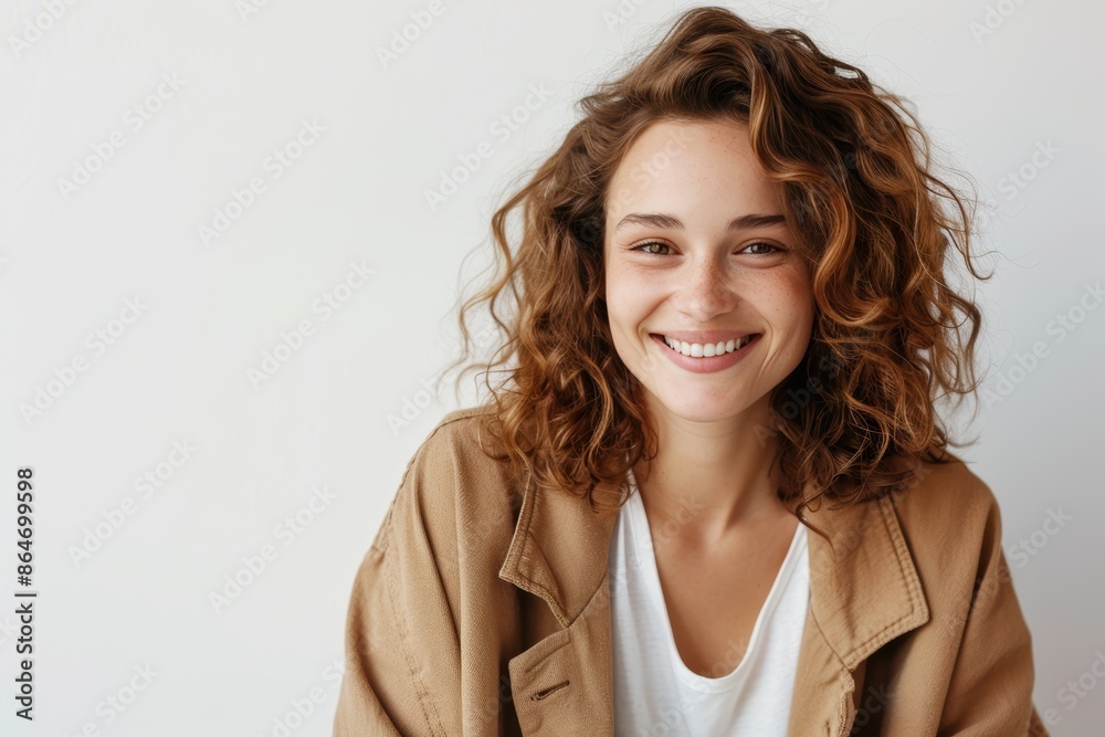 Smiling Woman with Curly Hair in Casual Outfit. Generative AI. Smiling Woman with Curly Hair in Casual Outfit. Generative AI.