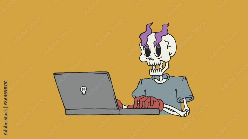 retro cartoon animation of working skeleton with laptop