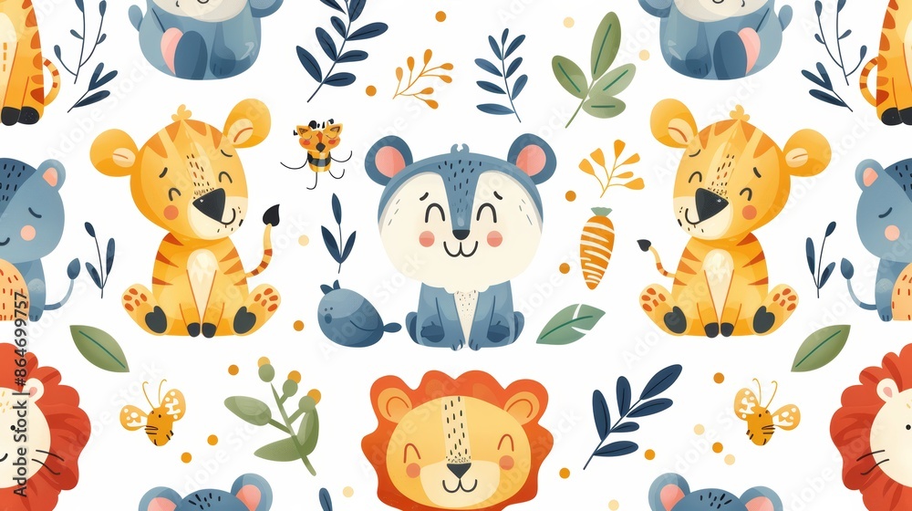 Cute seamless pattern with cartoon animals, lions, tigers, bears and leaves. Watercolor illustration. Cute seamless pattern with cartoon animals, lions, tigers, bears and leaves. Watercolor illustration.