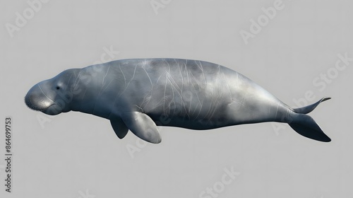 1. Render a detailed image of a dugong's entire body, isolated on a transparent background, showcasing its streamlined form, distinctive fluke-like tail, and blunt snout without any text or logos. photo