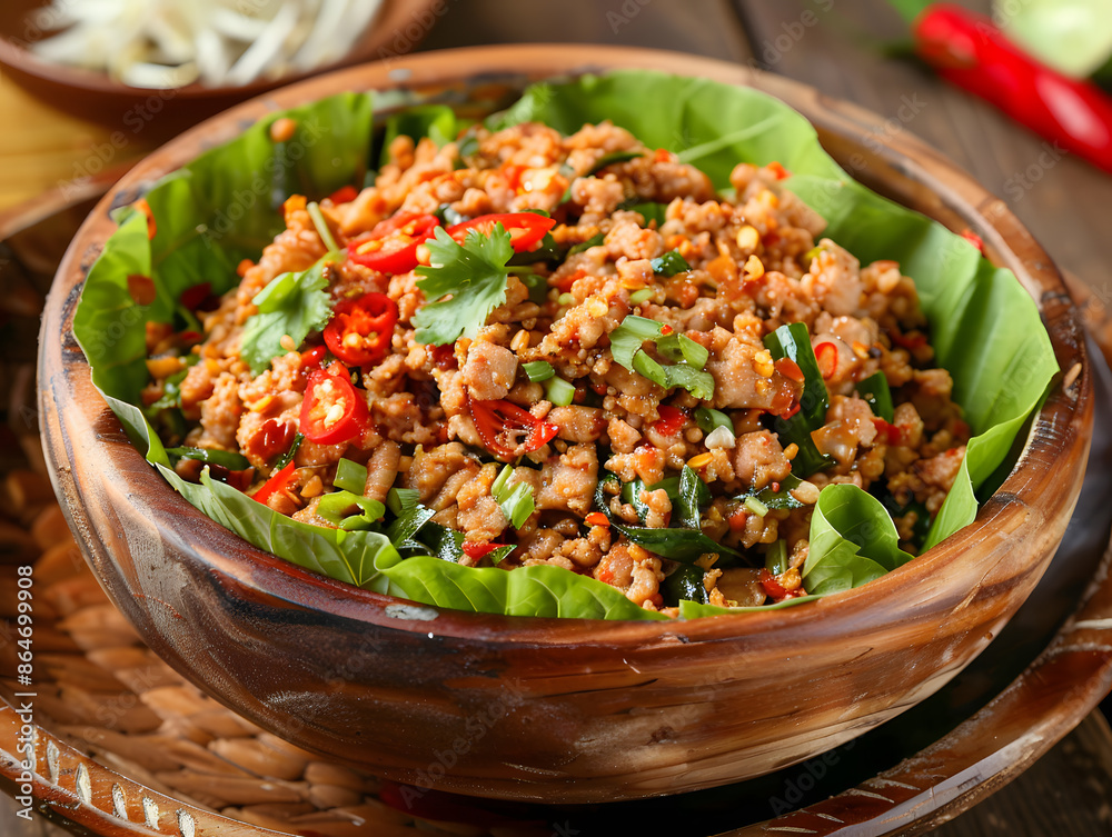 Spicy Minced Pork Salad, Spicy Minced Pork Salad, Thai Food Garnished with Vegetables. Spicy Minced Pork Salad, Spicy Minced Pork Salad, Thai Food Garnished with Vegetables.