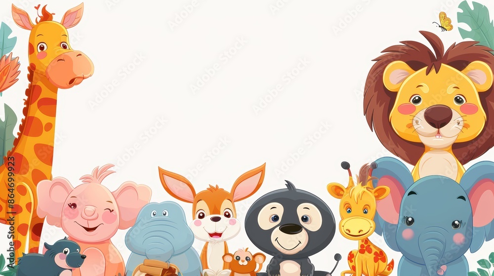 Cute cartoon animals in a jungle setting, perfect for kids' book illustrations or greeting cards. Cute cartoon animals in a jungle setting, perfect for kids' book illustrations or greeting cards.