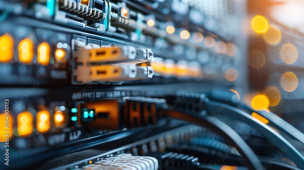 Network servers in data center. Server rack with telecommunication equipment, wires and blinking LEDs. Concept of big data, cloud computing, information technology and internet.
