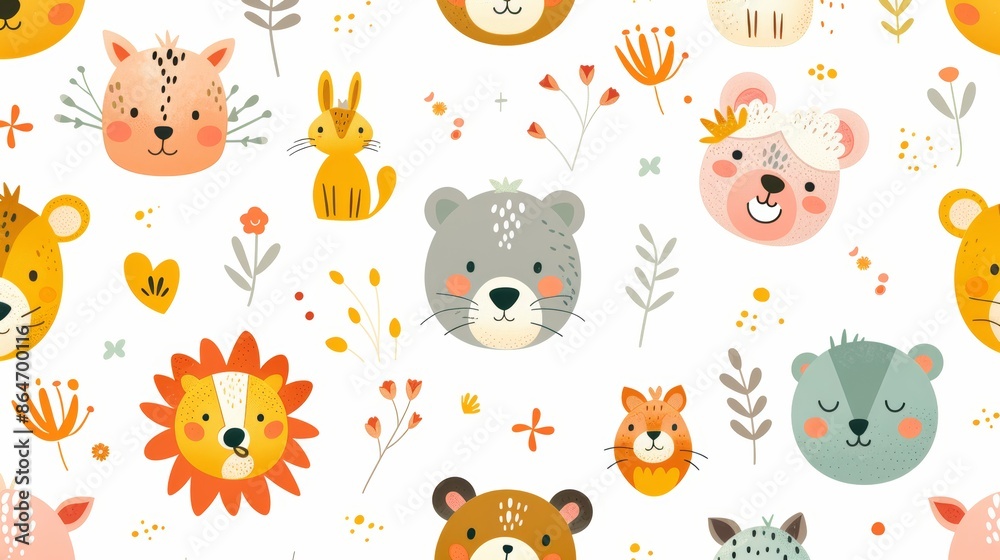 Cute animal faces and floral elements create a whimsical and colorful seamless pattern. Perfect for children's products or cheerful designs. Cute animal faces and floral elements create a whimsical and colorful seamless pattern. Perfect for children's products or cheerful designs.