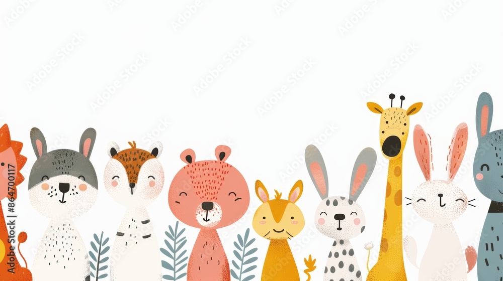 Cute cartoon animals with big eyes and colorful fur stand in a line on white background. Perfect for kids or baby products. Cute cartoon animals with big eyes and colorful fur stand in a line on white background. Perfect for kids or baby products.
