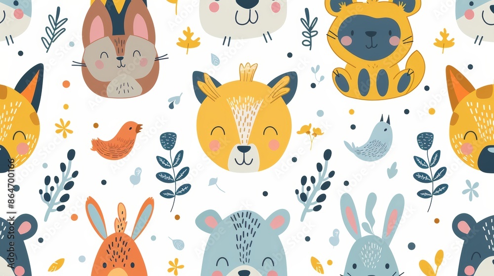 Cute animal faces with leaves and flowers on a white background. Seamless pattern for kids' clothing, wallpaper, or fabric. Cute animal faces with leaves and flowers on a white background. Seamless pattern for kids' clothing, wallpaper, or fabric.