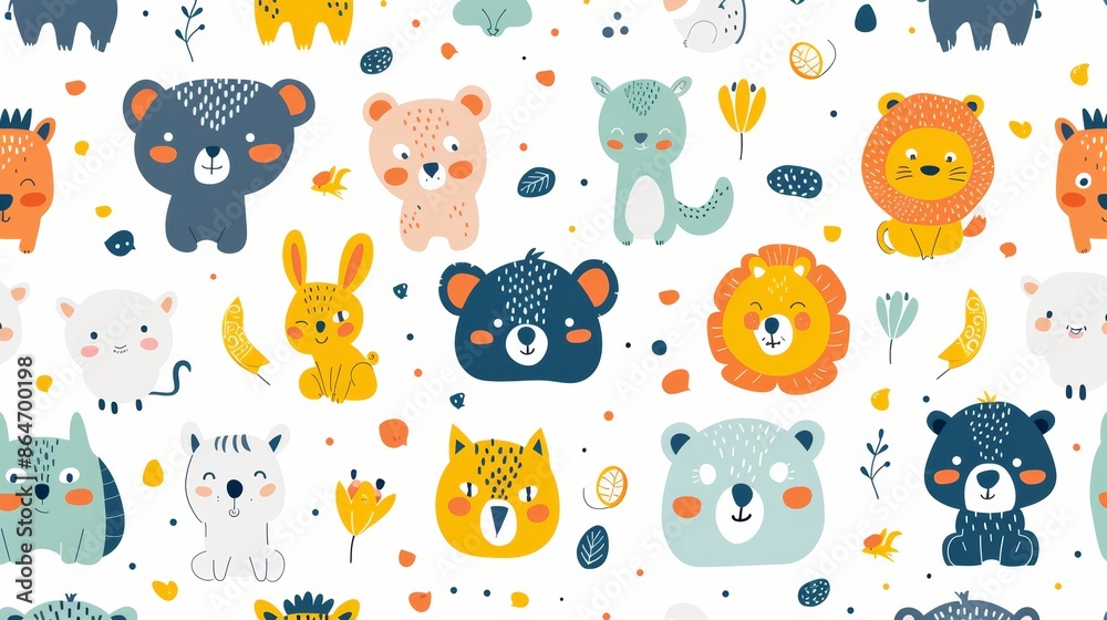 Fototapeta premium A seamless pattern featuring adorable cartoon animals in a colorful and whimsical style. Perfect for kids' clothing, fabric, or wallpaper.