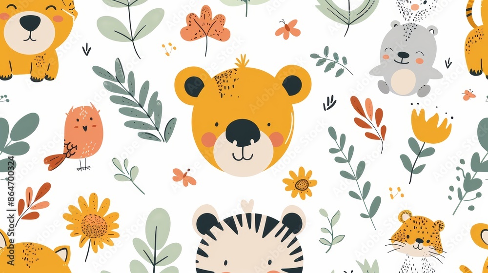 Seamless pattern featuring cute animal faces, flowers and leaves on a white background. Perfect for kids' apparel or home decor. Seamless pattern featuring cute animal faces, flowers and leaves on a white background. Perfect for kids' apparel or home decor.