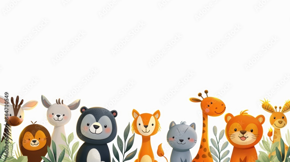 Cute cartoon animals with green leaves on a white background. Perfect for kids' designs, greeting cards, or social media.