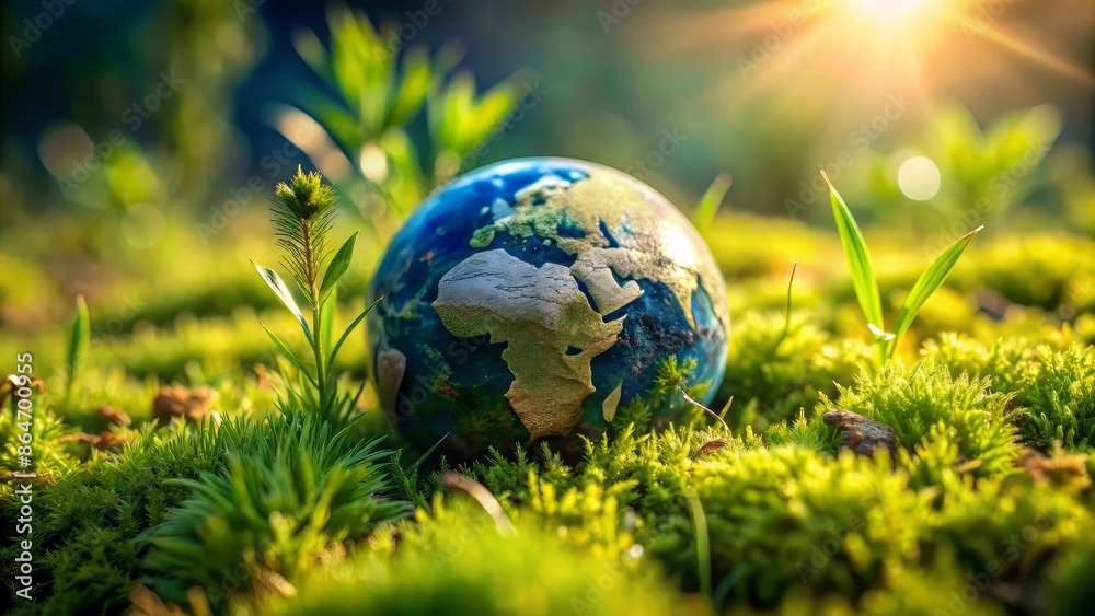 A tiny, intricate, and detailed miniature model of planet Earth rests serenely on a vibrant green grassy lawn, surrounded by lush blades and natural textures.