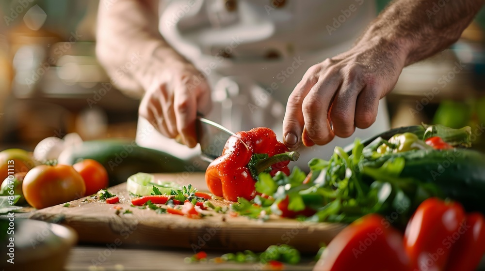 Man Chopping Red Bell Pepper on Wooden Cutting Board Man Chopping Red Bell Pepper on Wooden Cutting Board