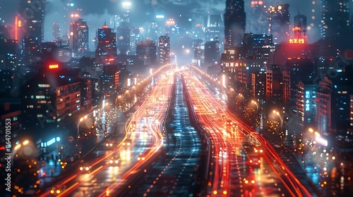 Dynamic urban nightscape featuring futuristic city street, car light trails, and towering skyline. 