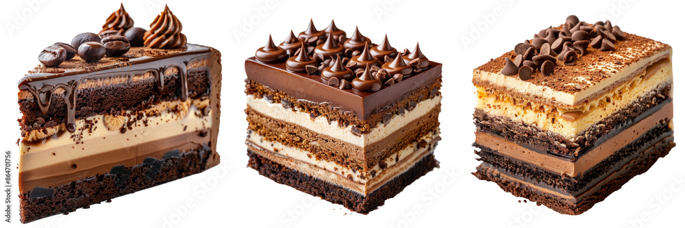Elegant Opera Cake Coffee and Chocolate Layers Set Isolated on Transparent or White Background, PNG Elegant Opera Cake Coffee and Chocolate Layers Set Isolated on Transparent or White Background, PNG