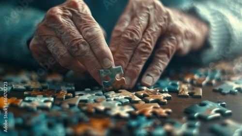 Elderly Hands Placing Jigsaw Puzzle Piece