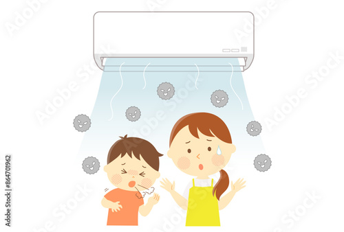 エアコンから出てきた埃で咳が止まらない子どもと困るお母さん