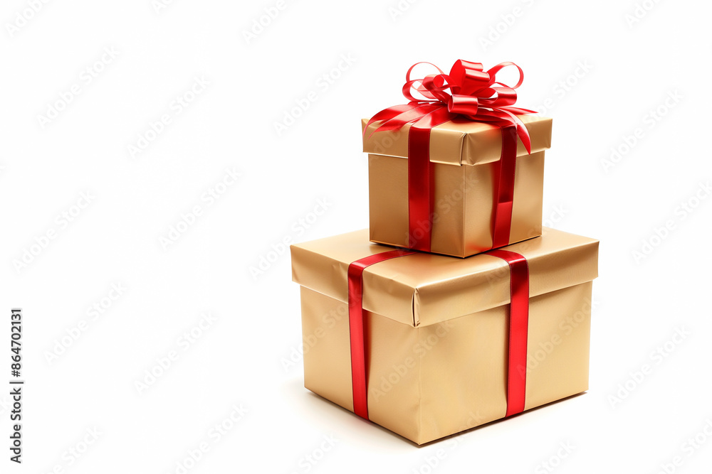 Obraz premium Gift boxes wrapped in gold and red ribbons. On white background, copy space