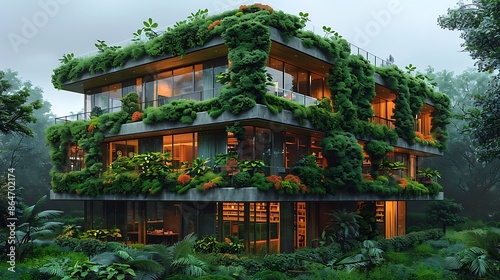 Eco-friendly office building with green roofs and vertical garden walls, showcasing sustainability  © MIX  STOCK  IMAGE