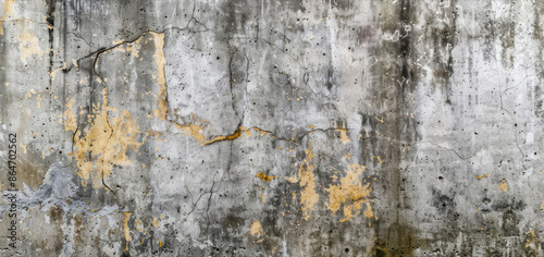 Close-up texture of an old, weathered concrete wall with cracks and peeling paint, showcasing its rough and aged surface.
