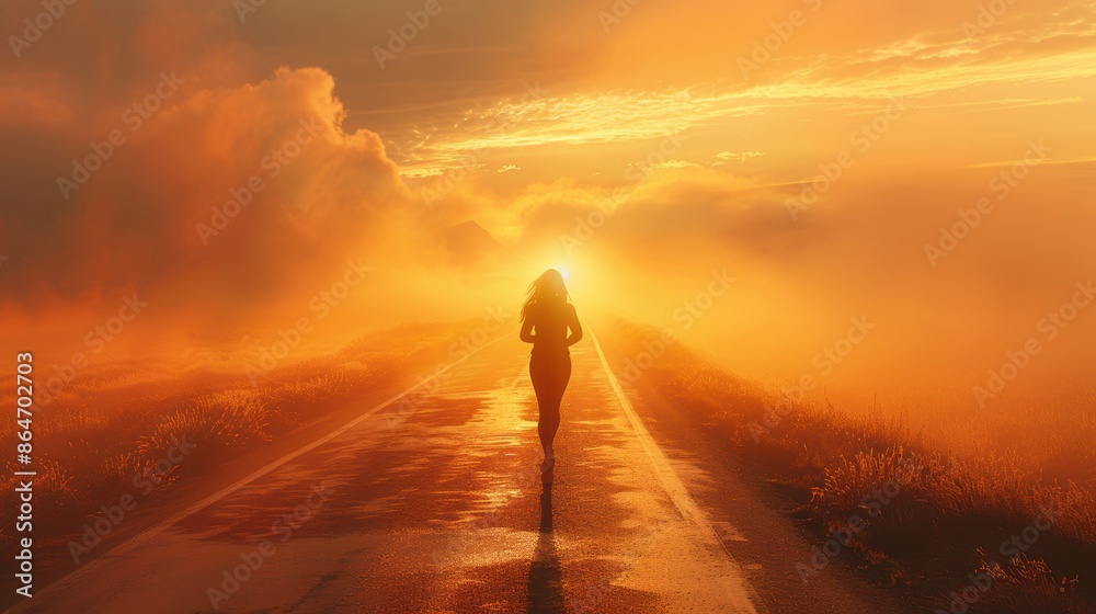 Fototapeta premium A silhouette of a woman running on a road towards a dramatic sunset, with vivid orange and yellow hues filling the sky.