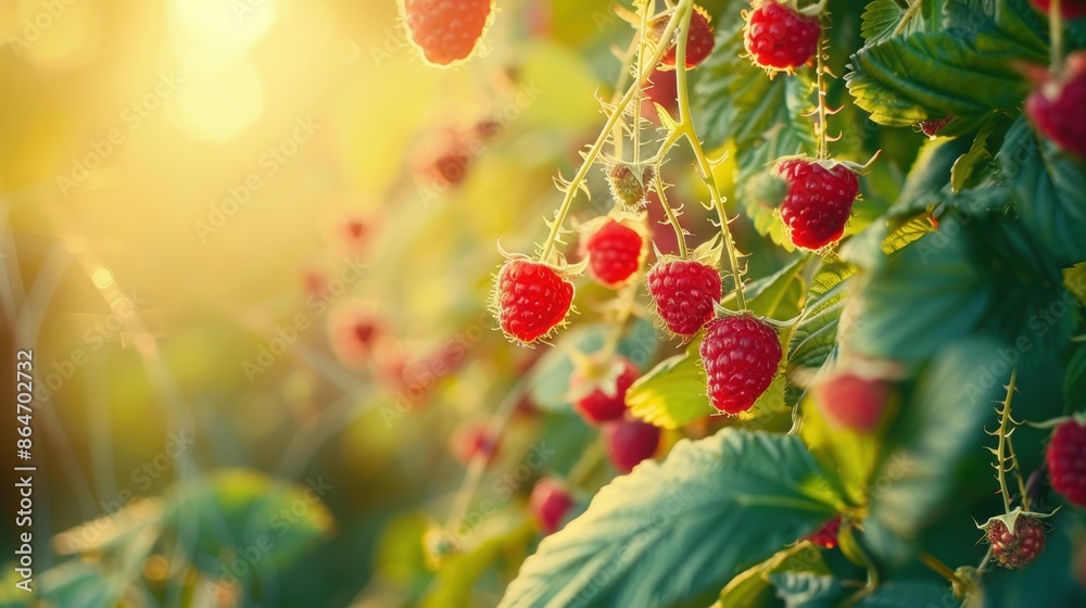 custom made wallpaper toronto digitalClose-up of fresh raspberries hanging on a branch, bathed in warm sunlight in a lush garden, capturing a summer harvest.