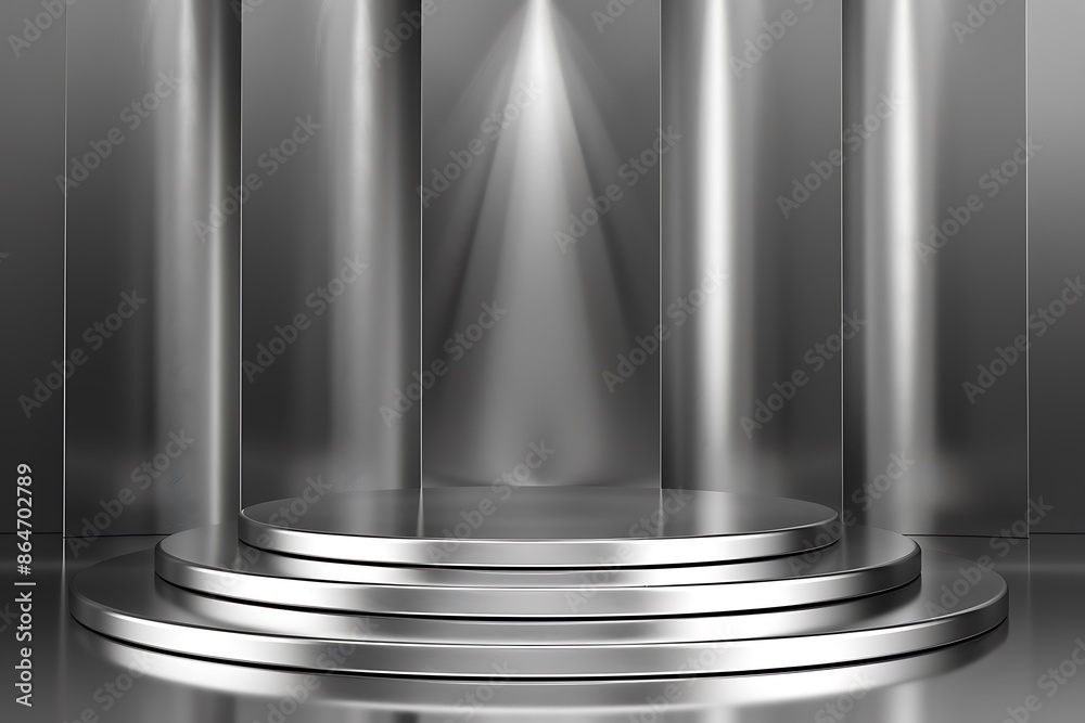 Silver podium in silver background. For product display. Silver podium in silver background. For product display.