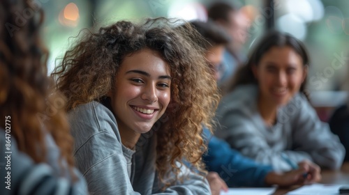 A young student with curly hair smiling while sitting in a classroom, engaging in a friendly and educational environment.